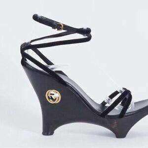 ISO Gucci Black Strappy Wedge Sandals